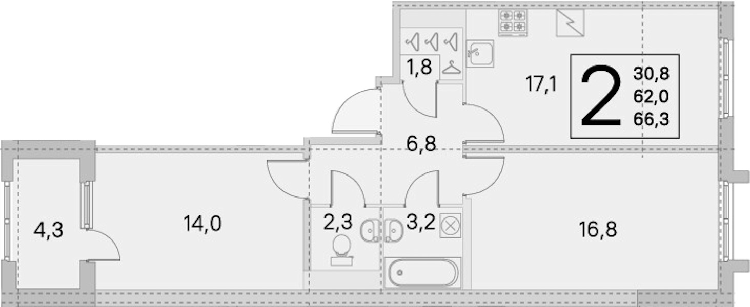 2-комнатная квартира 62 м², 2/5 эт., ЖК «ЮгТаун. Олимпийские кварталы»